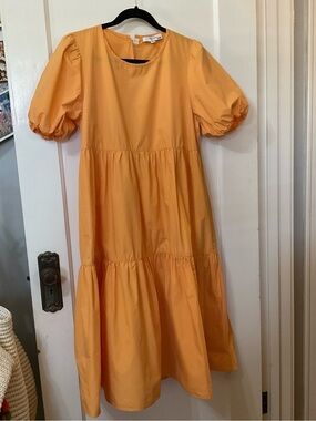 Peter Som Marigold Yellow/Orange Puff-Sleeve Cotton Tiered Summer Dress 10